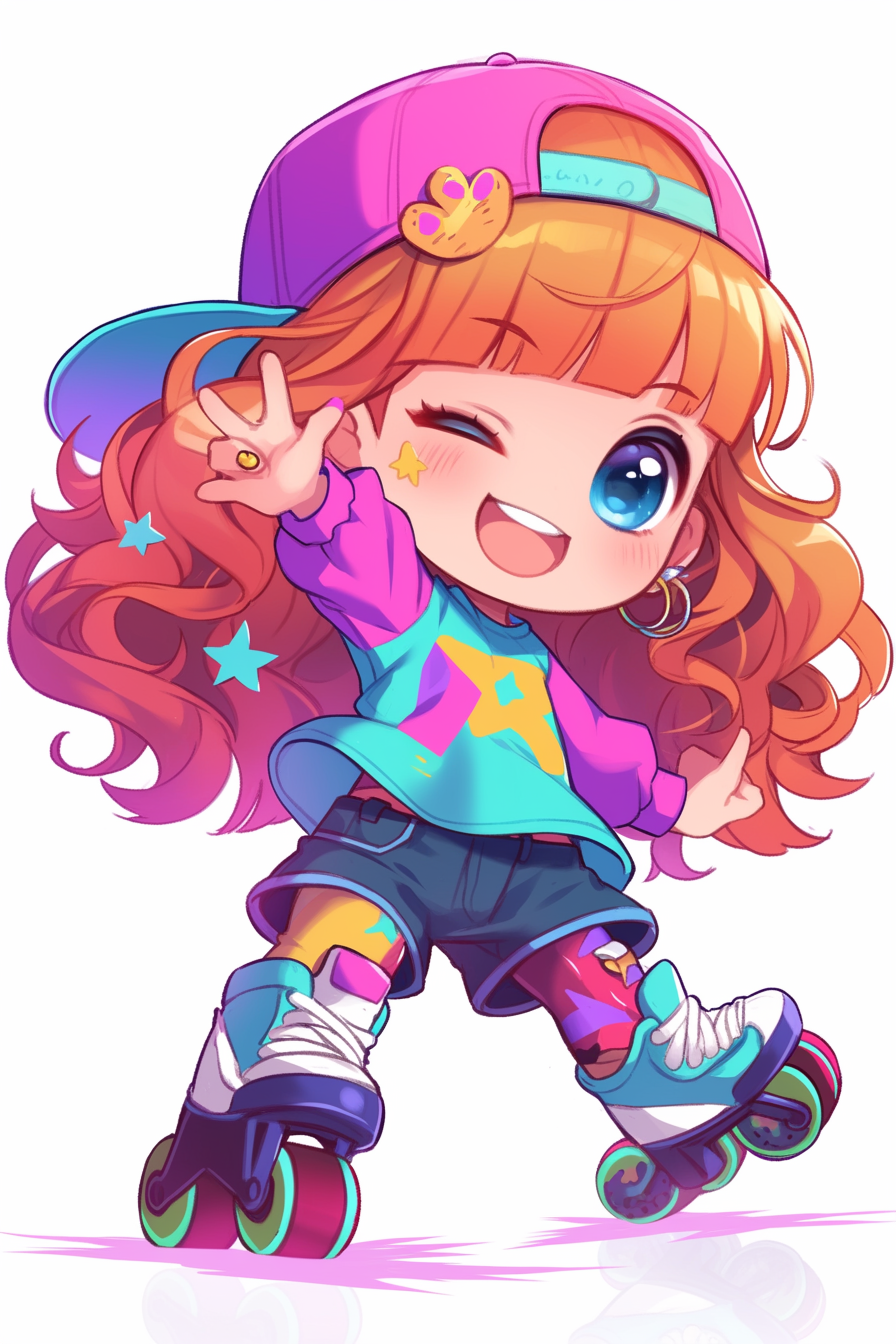 Fashionable Roller Skating Girl Poses in Kawaii Style