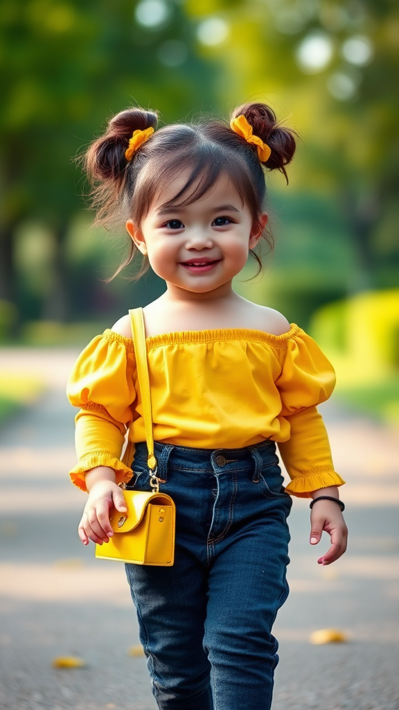 Fashionable Young Child Strutting Confidently in Park