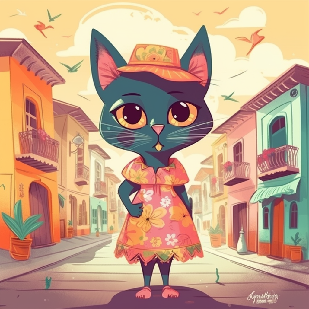 Fashionable cat in floral dress on colorful Venezuelan street.