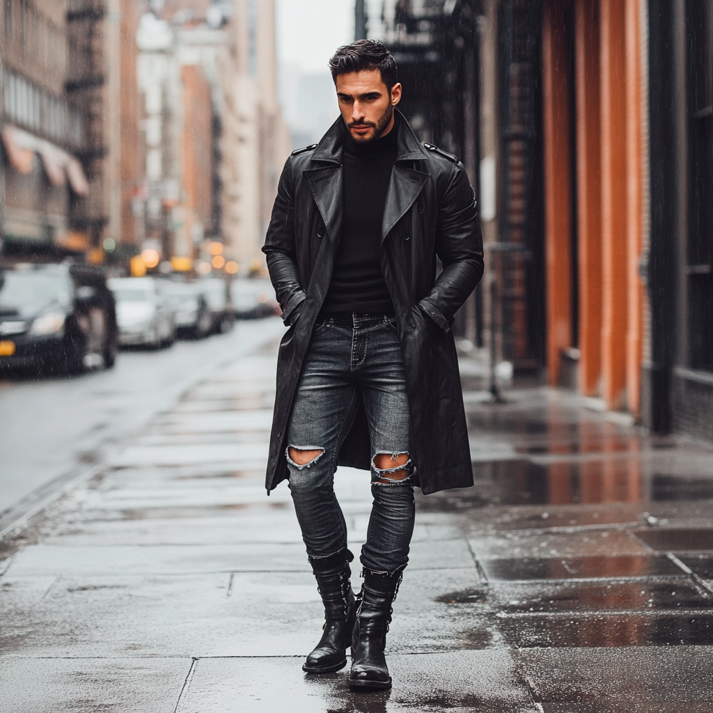 Fashionable man in black trenchcoat, turtleneck, skinny jeans. Staring.