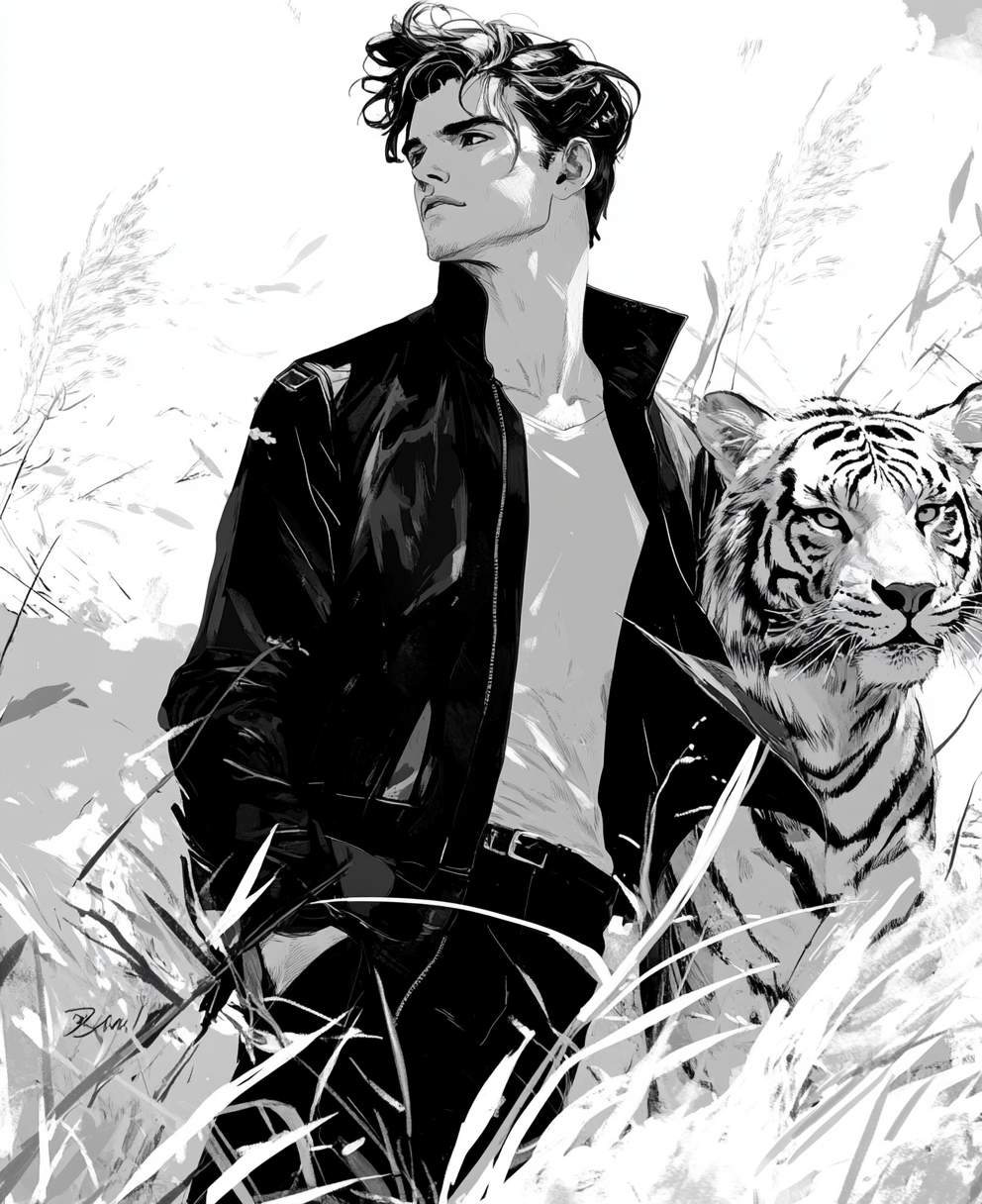 Fashionable man in leather jacket on beach with tiger.