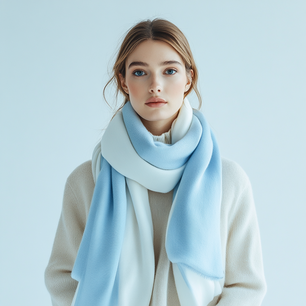 Fashionable winter attire in light blues and whites.