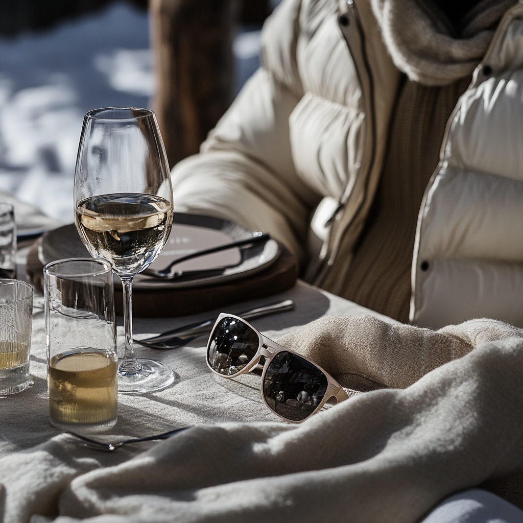 Fashionable winter scene with person and sunglasses centerpiece.