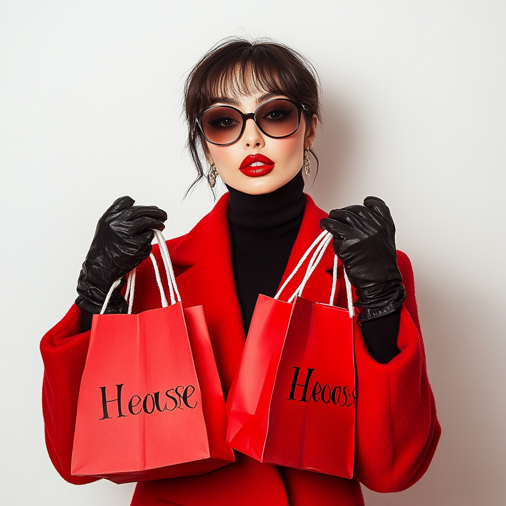 Fashionable woman in red coat holding 'Heloise' shopping bags.