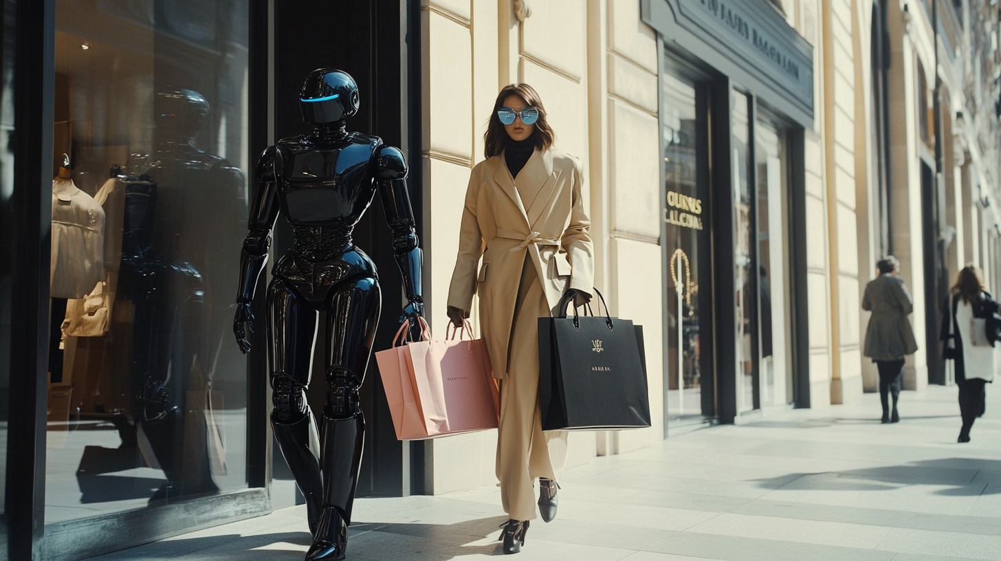 Fashionable woman shopping with robot carrying designer bags, Milan.