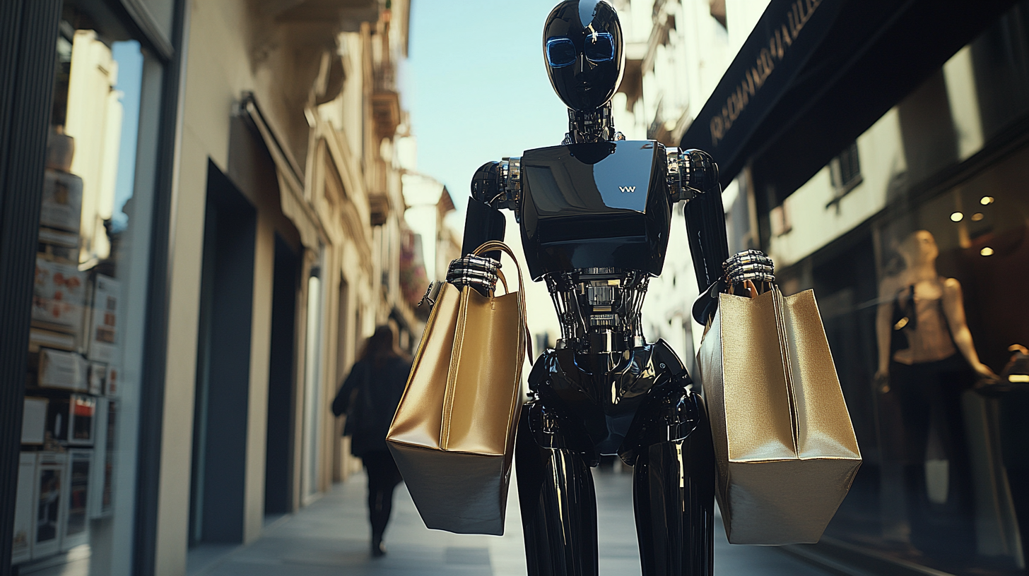 Fashionable woman shopping with robot in high-end district.