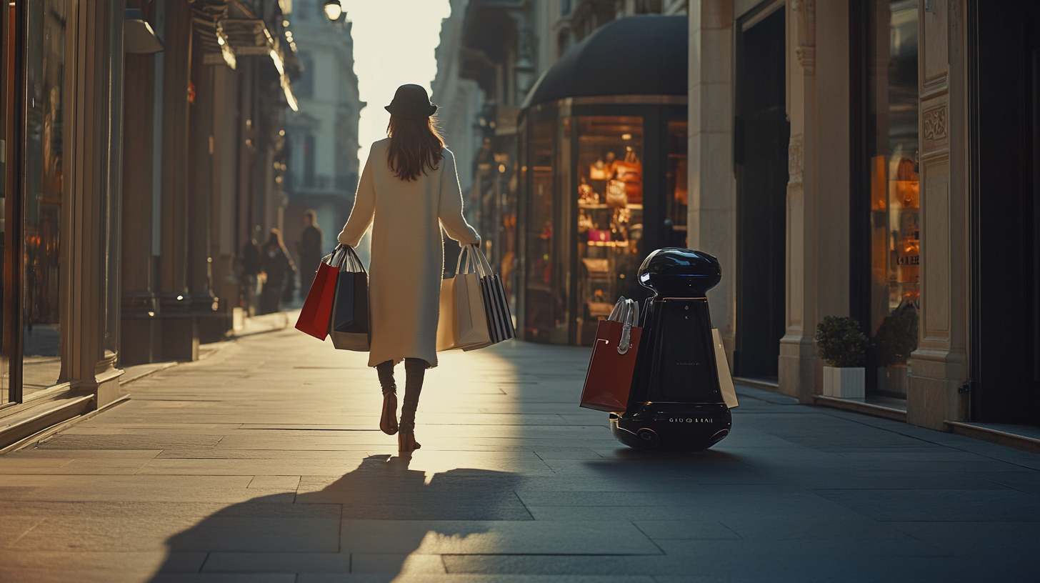 Fashionable woman with robot and luxury shopping bags on sidewalk.