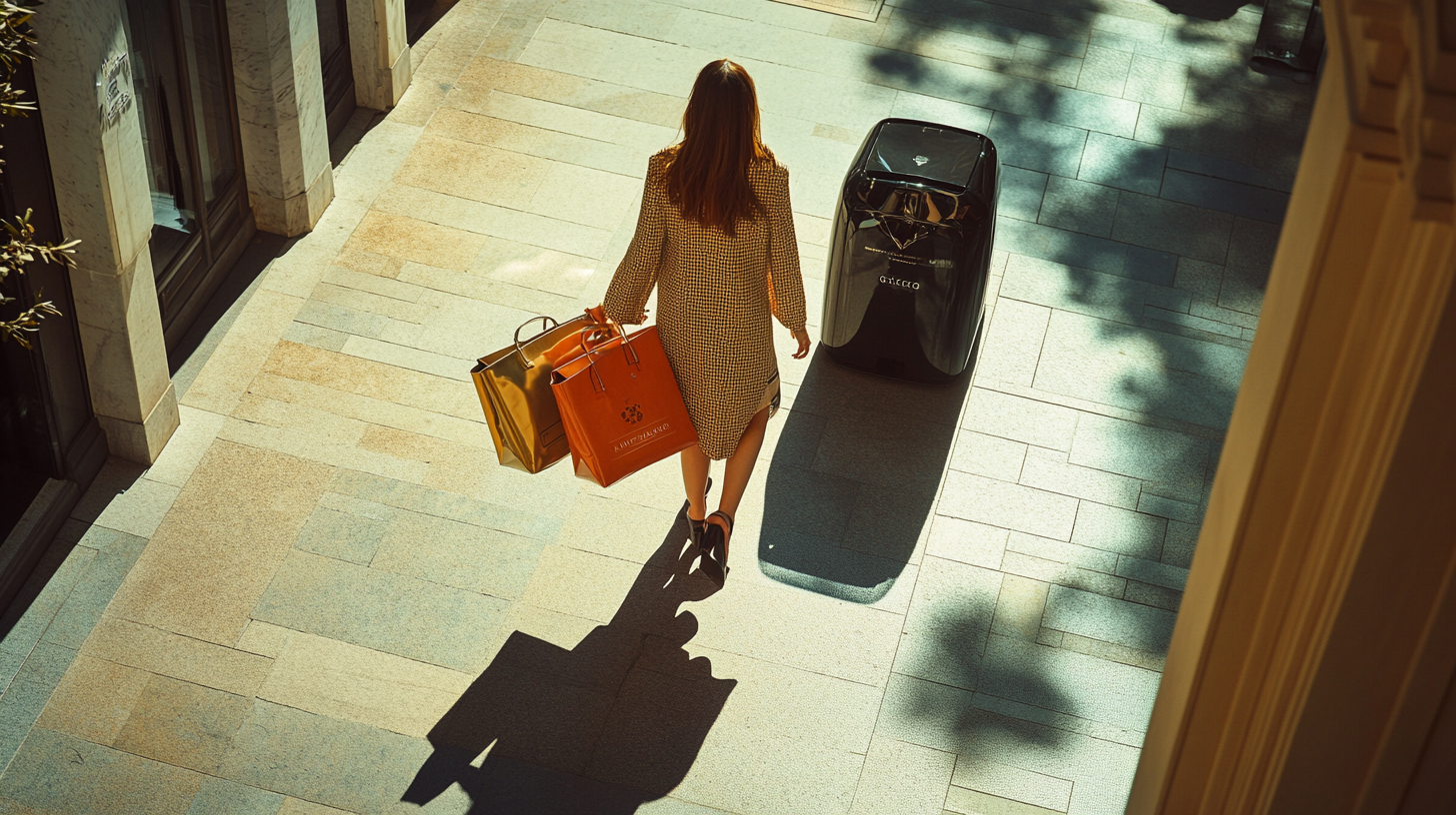 Fashionable woman with robot carrying luxury shopping bags walking.