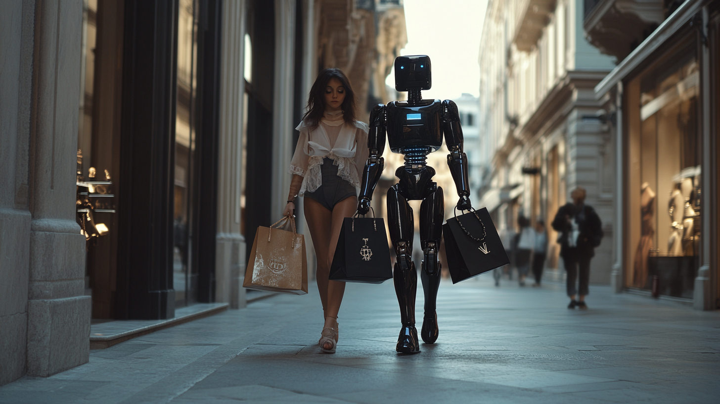 Fashionista woman and black robot shopping in luxury boutiques.