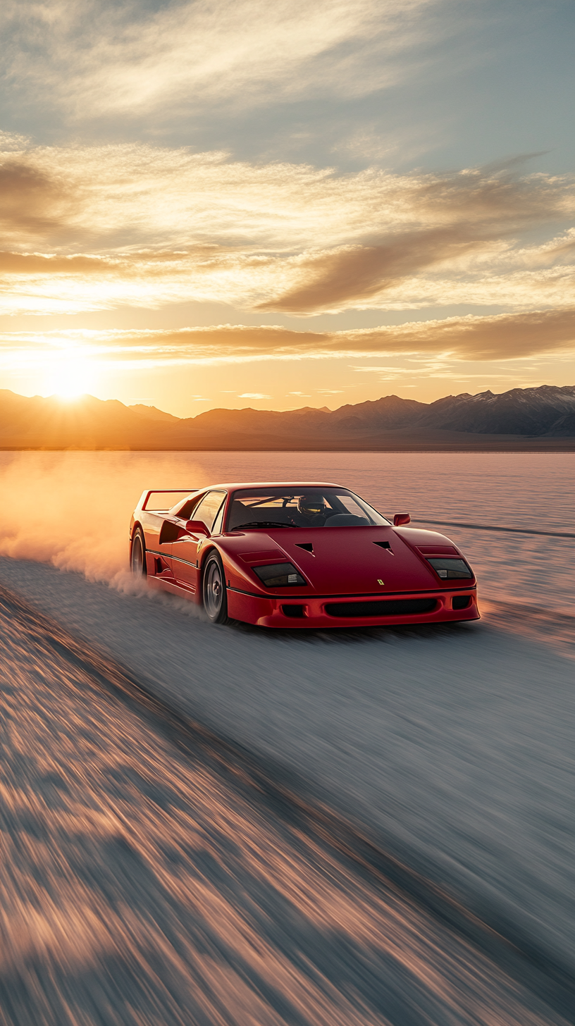 Fast Ferrari F40 speeds through salt flats at sunrise.