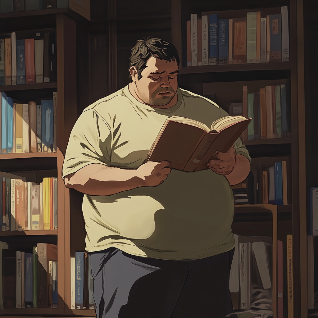 Fat man stressed reading diet book in study room.