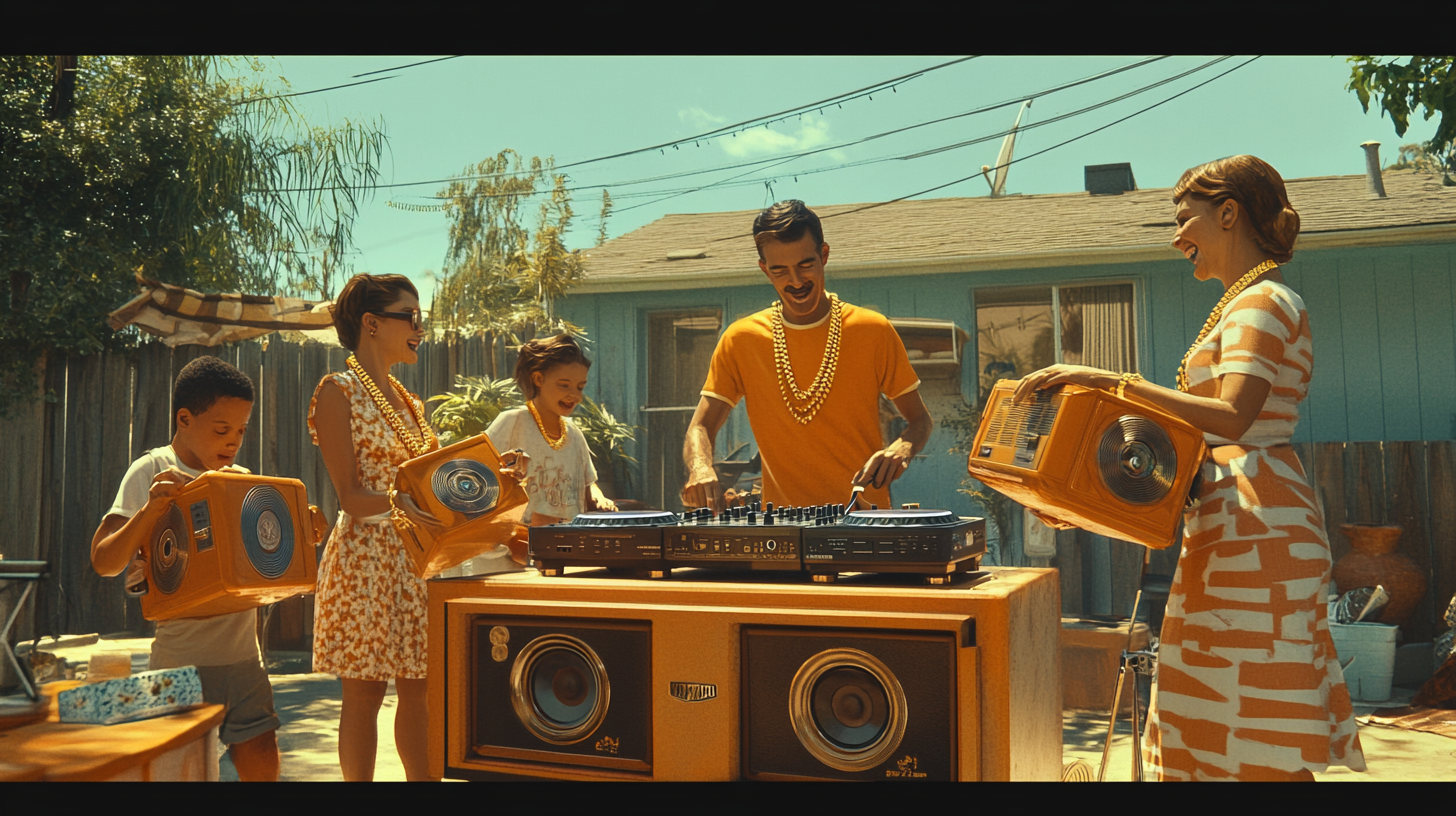 Father DJs, mother dances, kids with boomboxes in retro yard.