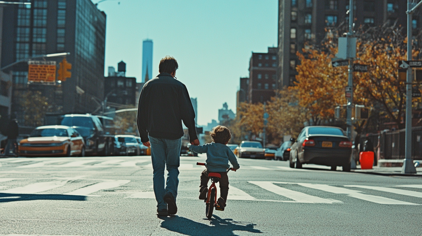 Father Proudly Guides Son's First Bike Ride