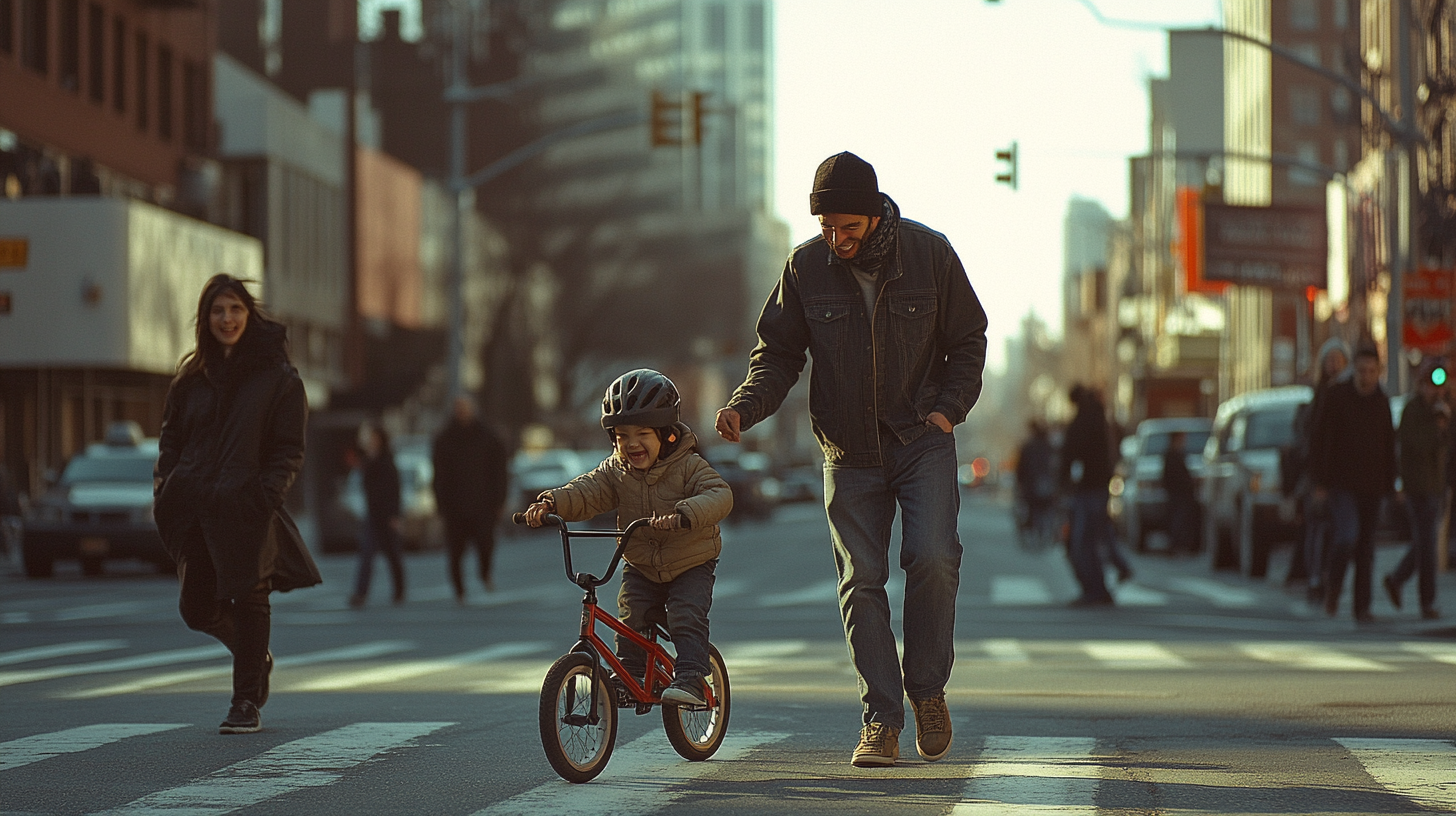 Father Proudly Watches Son's First Bike Ride