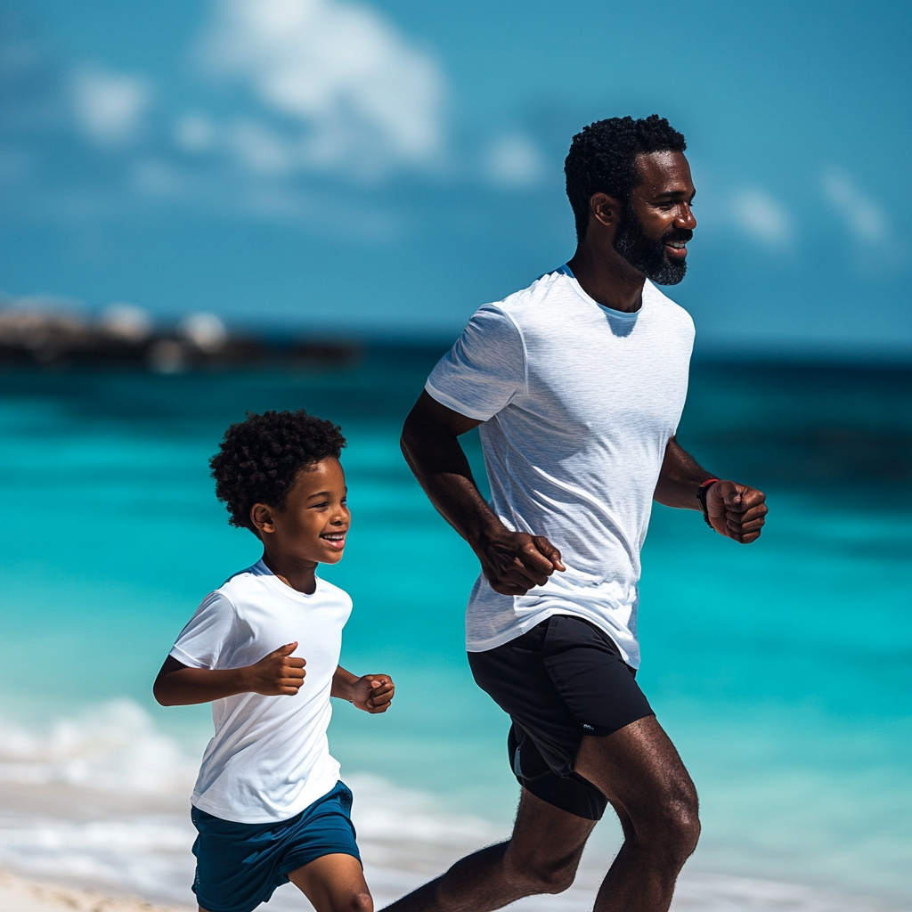 Father and Son's Run on Stunning Caribbean Beach