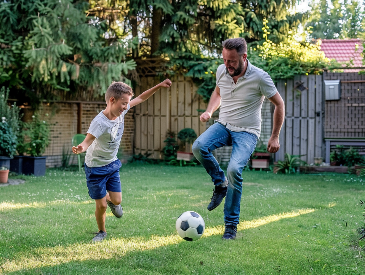 Father and Son Playing Football in Backyard Joyful Moment Capture 