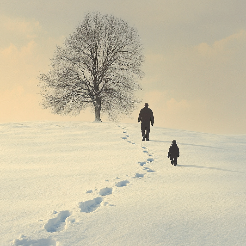 Father and Son Walking in Snowy Landscape.