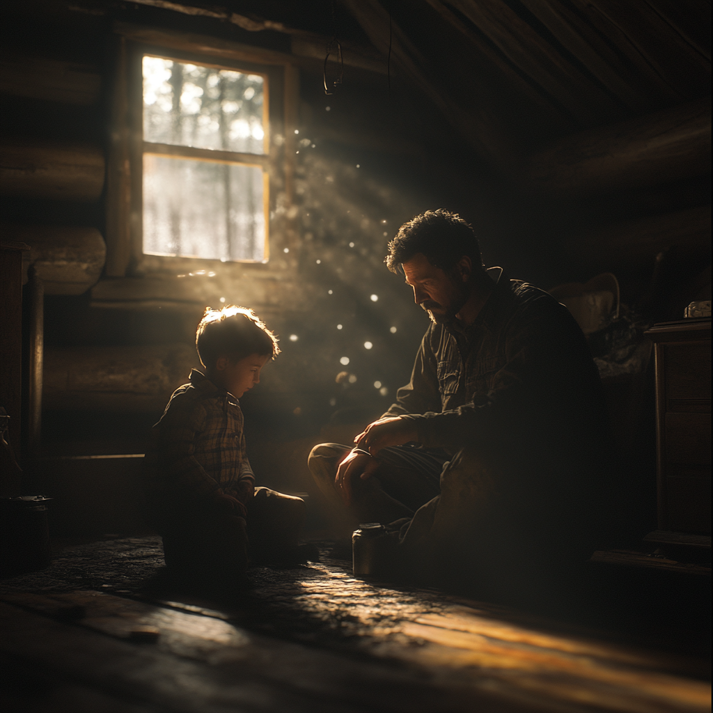 Father and Son in Antique Cabin, Cinematic Imax Shot