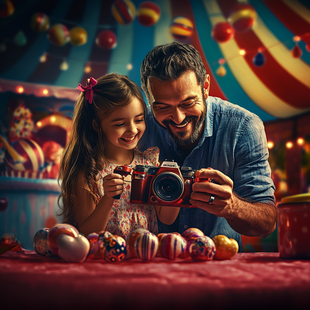 Father and daughter at circus event with hearts 