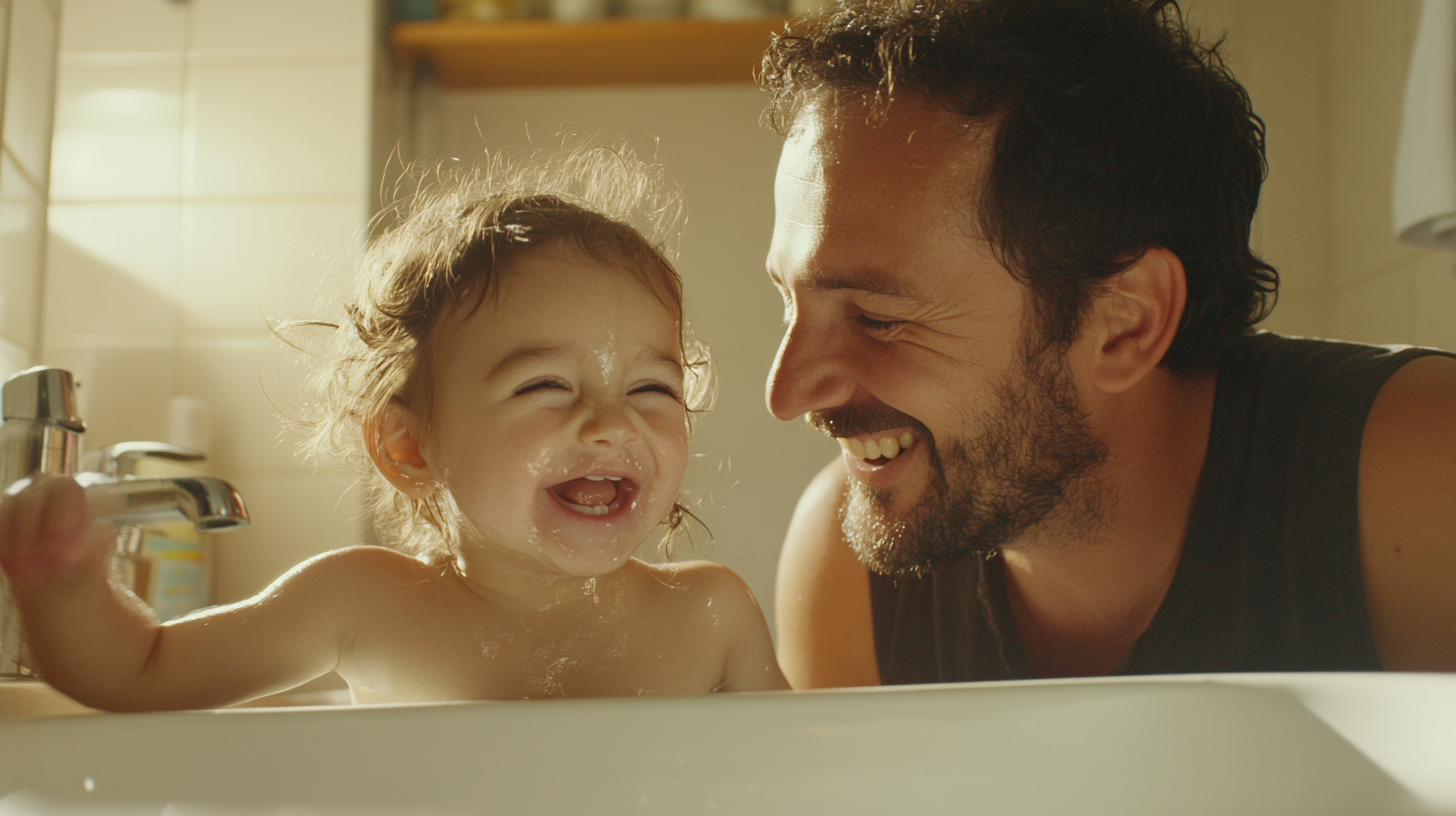 Father and daughter share tender bathroom moment