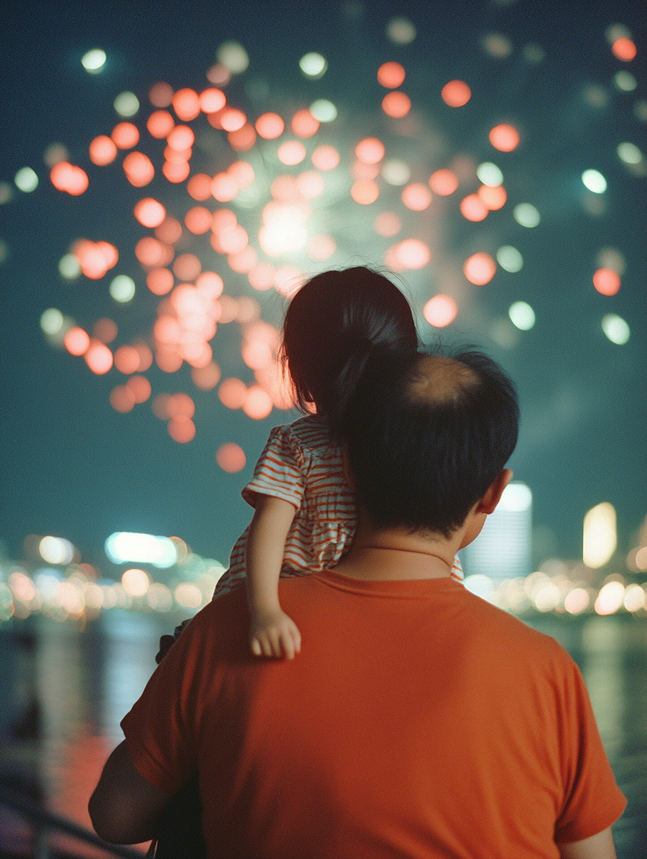 Father and daughter watch fireworks in Tokyo