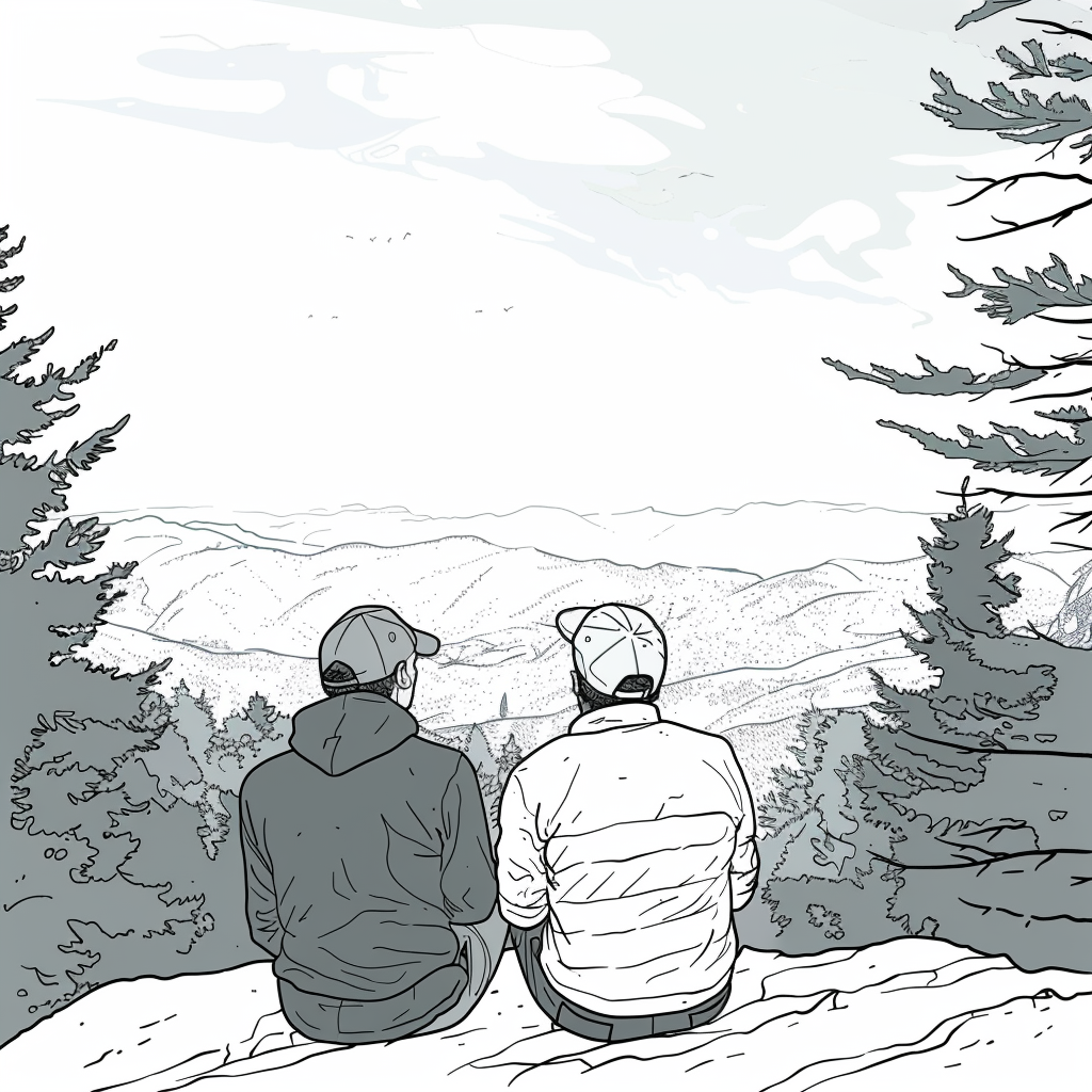 Father and son admire mountains after hiking.