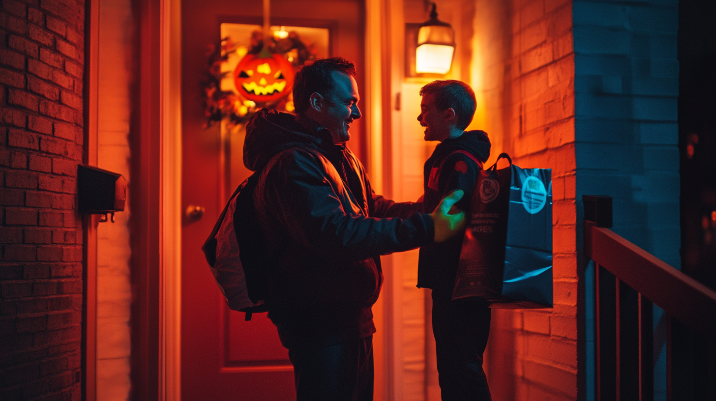 Father and son dressed as vampires receiving Uber Eats.