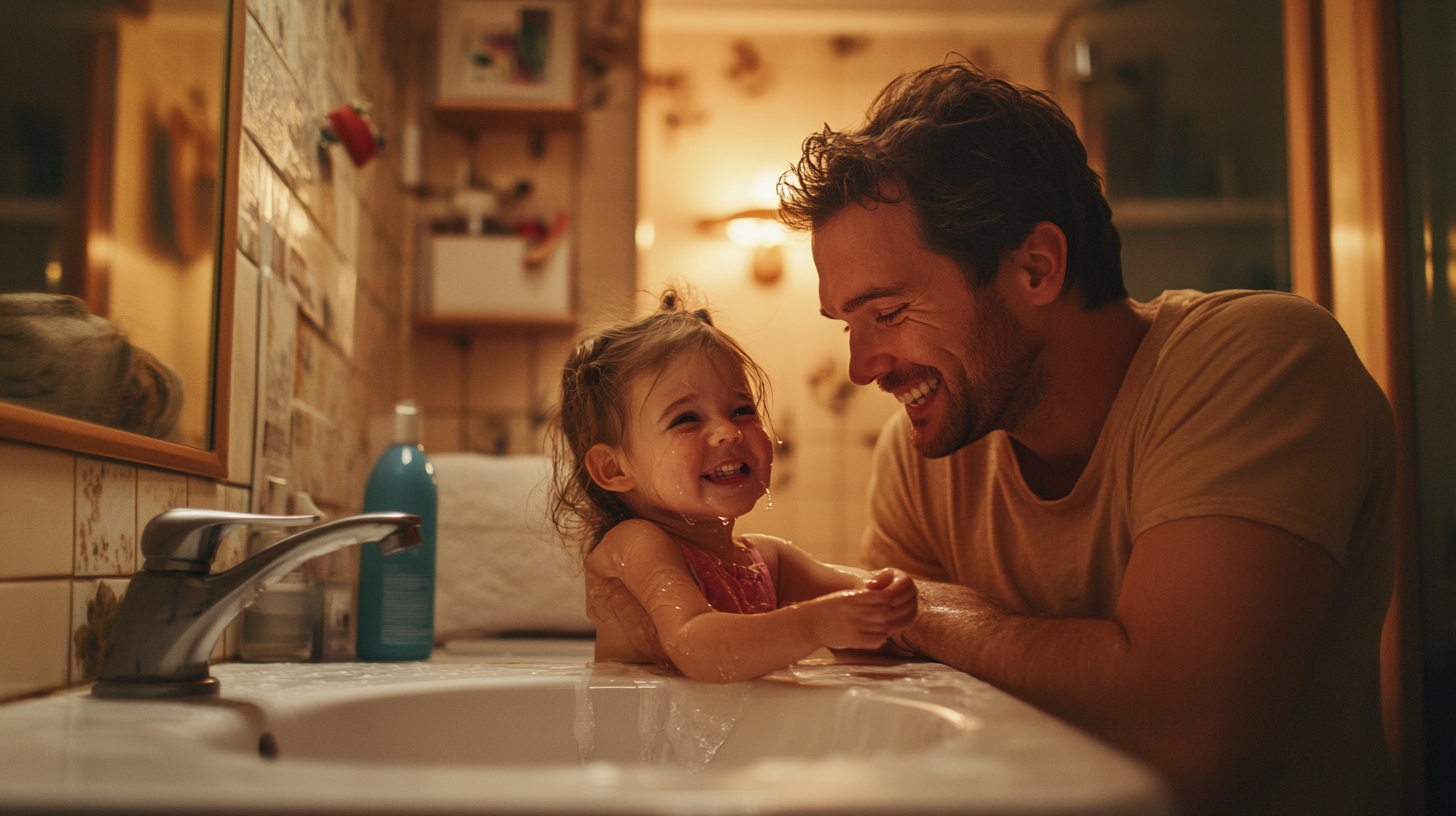 Father comforting daughter with joyful expressions in bathroom