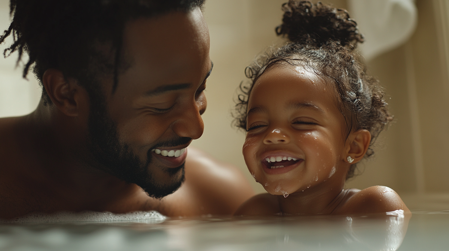 Father comforts daughter, wiping tears in cozy bathroom