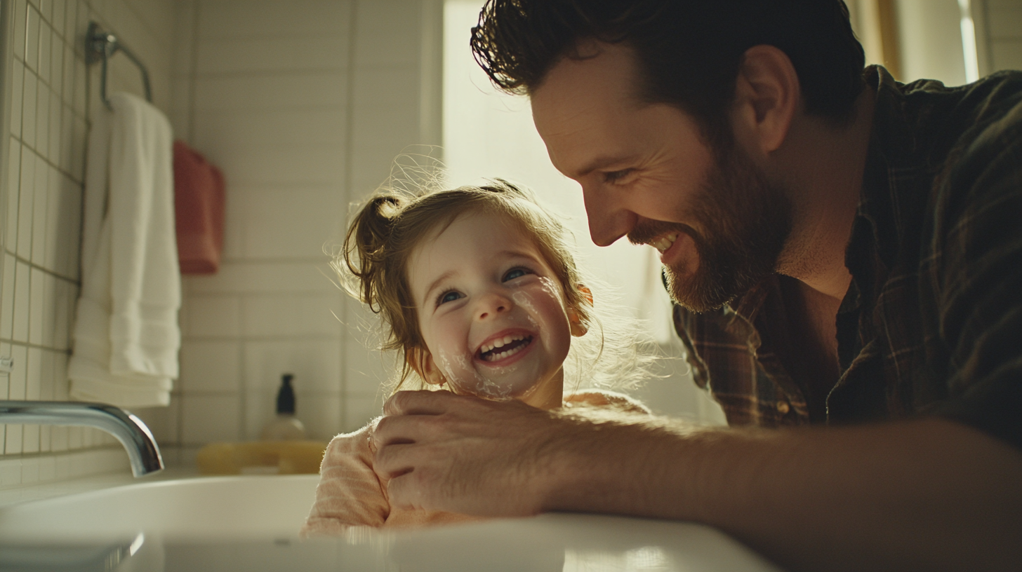 Father comforts daughter in cozy bathroom moment