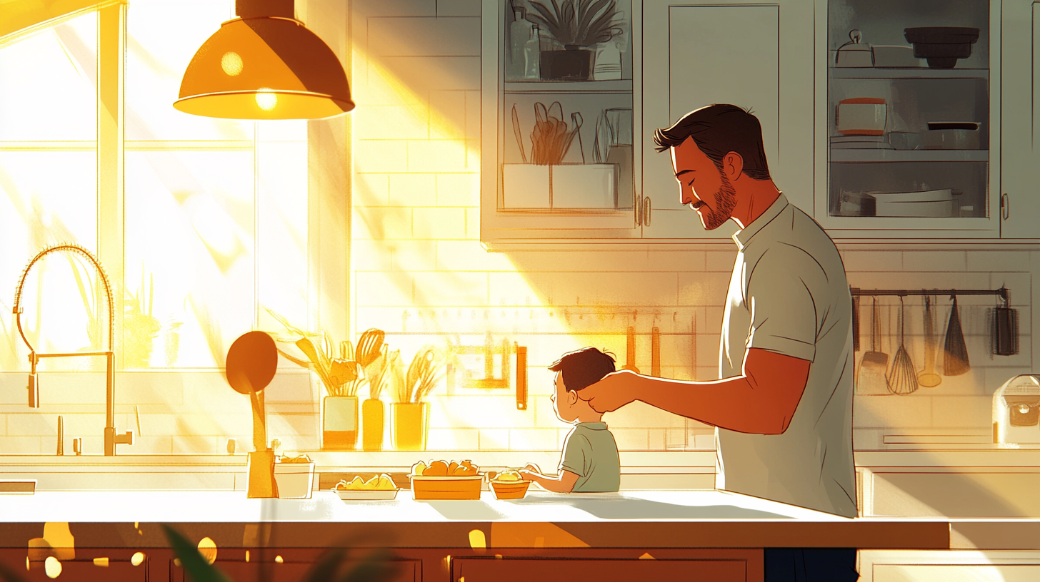 Father preparing lunch for young son in modern kitchen.