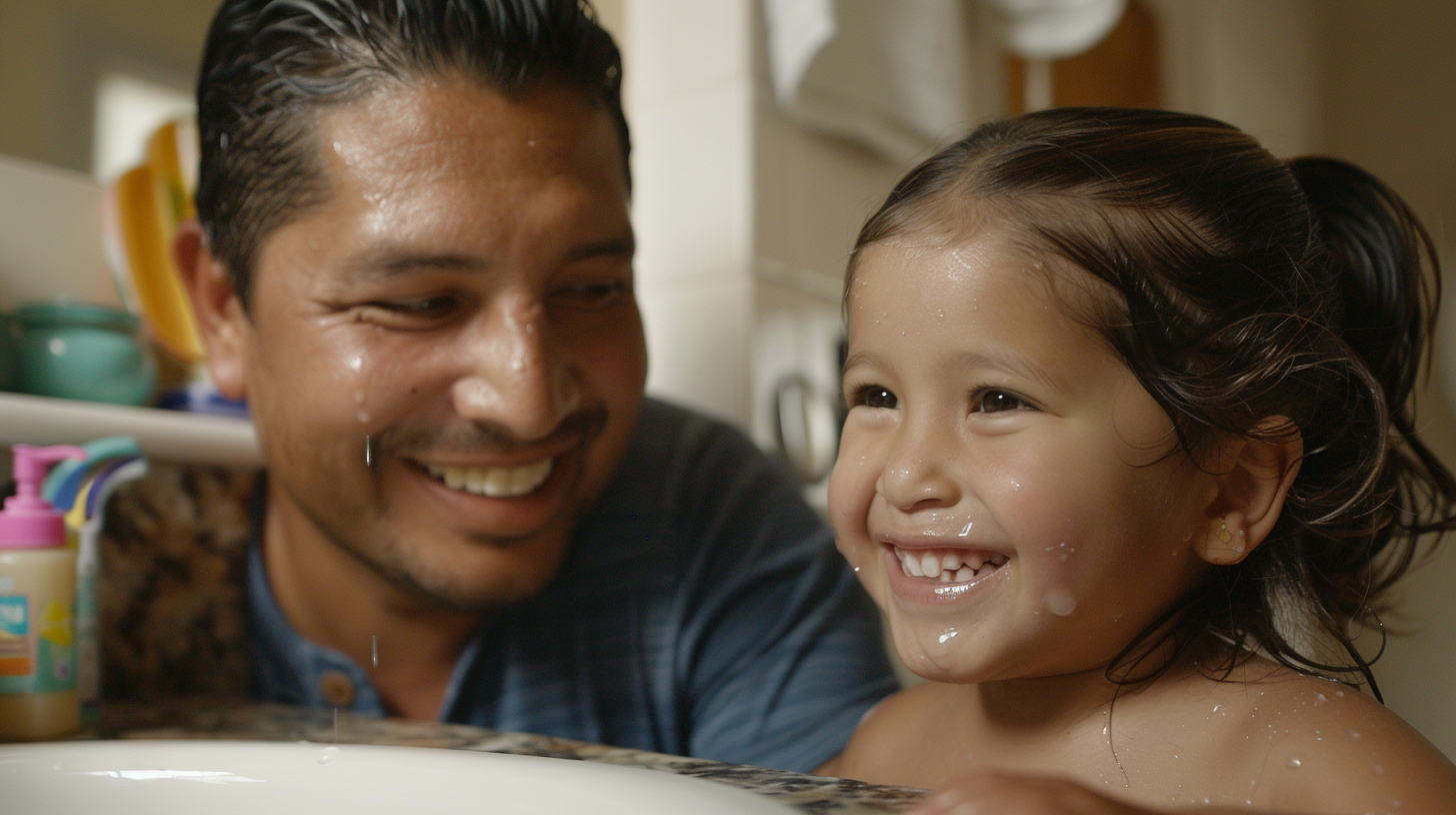 Father wipes daughter's tears in cozy bathroom scene