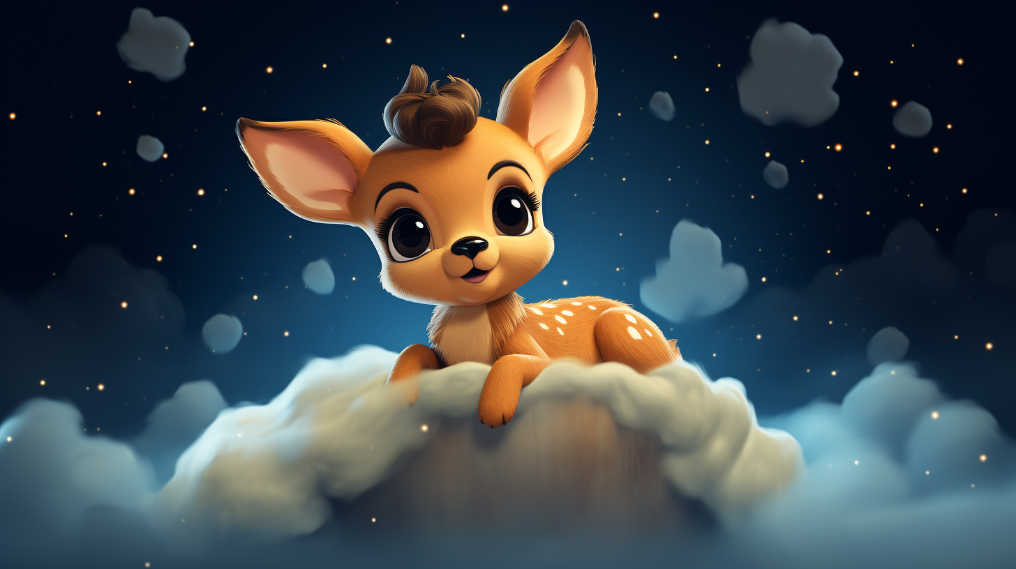 Fawn sleeping on clouds, starry background, Pixar style.