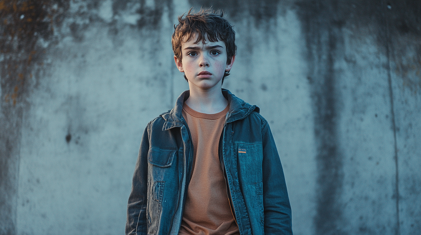 Fearful boy in denim stands straight, facing camera.