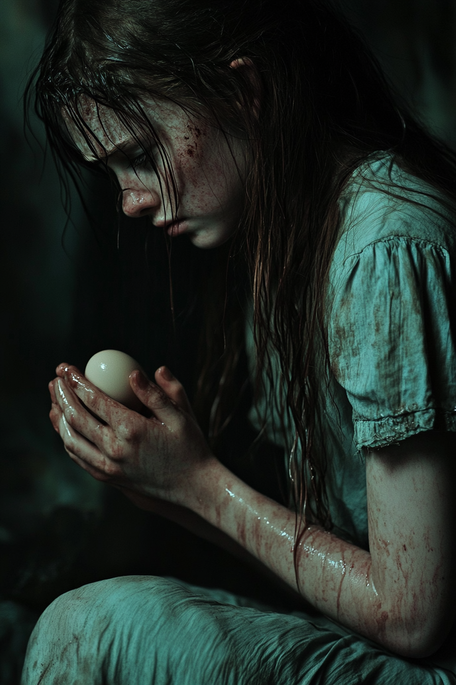 Fearful teenage girl holding cracking egg in dark atmosphere.