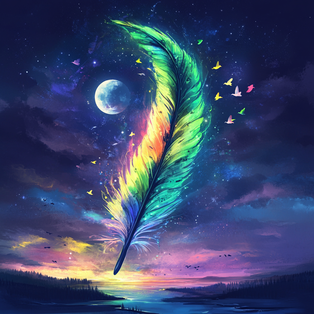 Feather with aurora borealis, moon, birds flying.