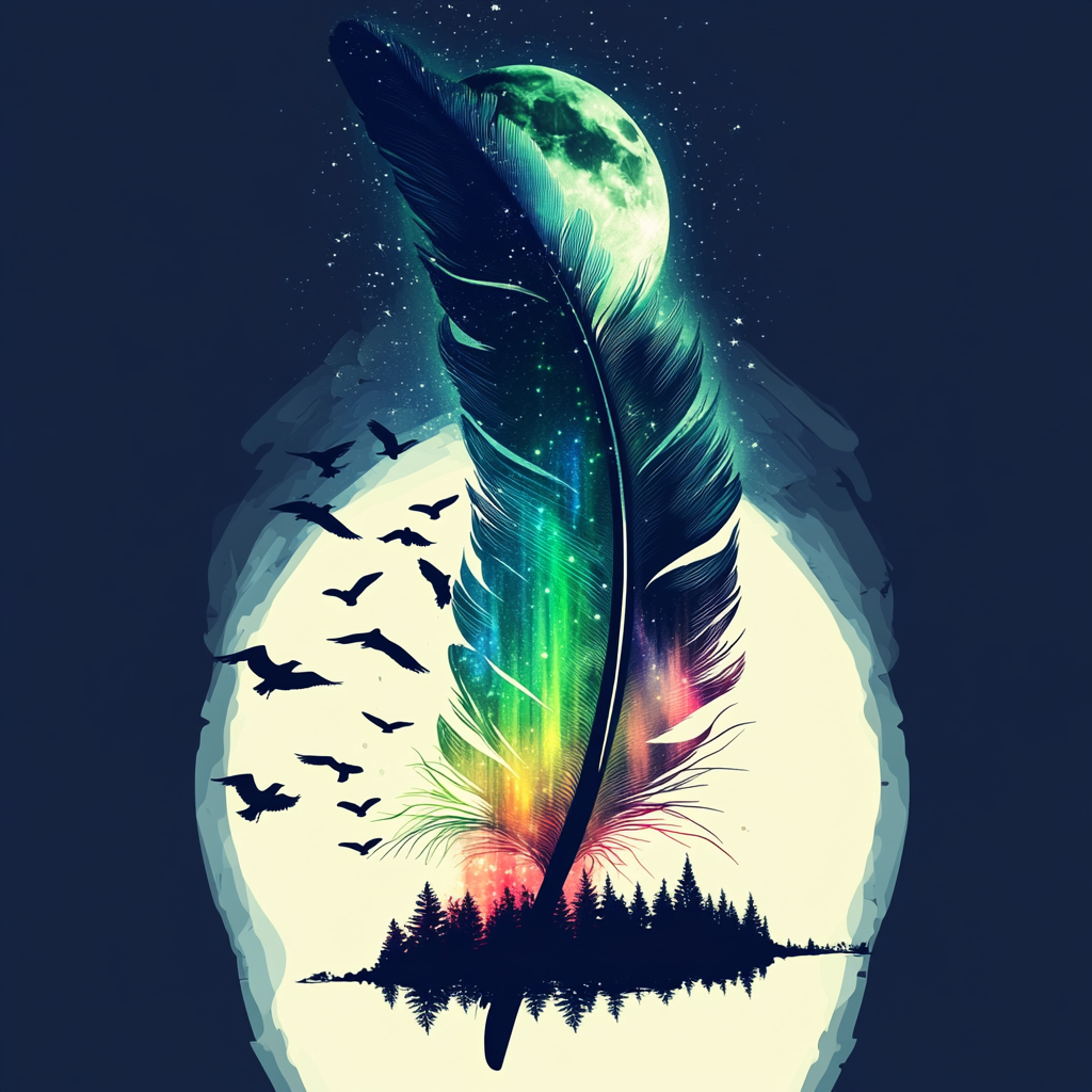 Feather with aurora borealis, moon, birds.