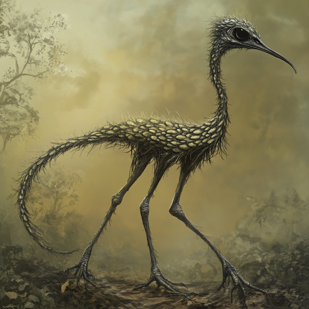 Feathered creature with long neck, scales, black eyes