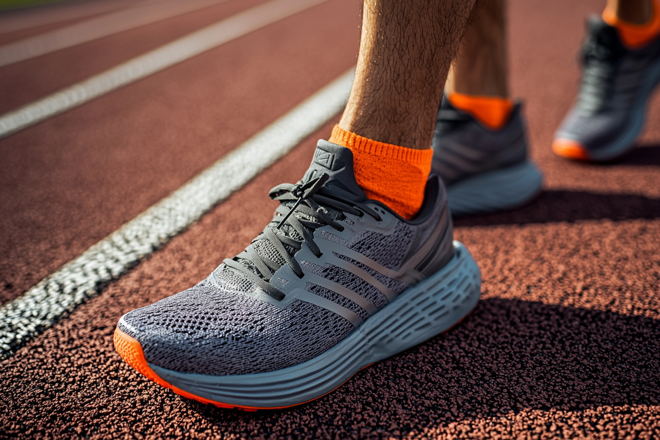 Feet in Running Shoes on a Track Close-up