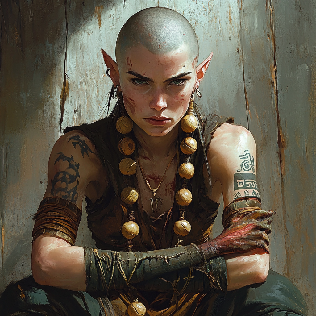 Female Elf Monk With Shaved Head And Tattoos Portrait