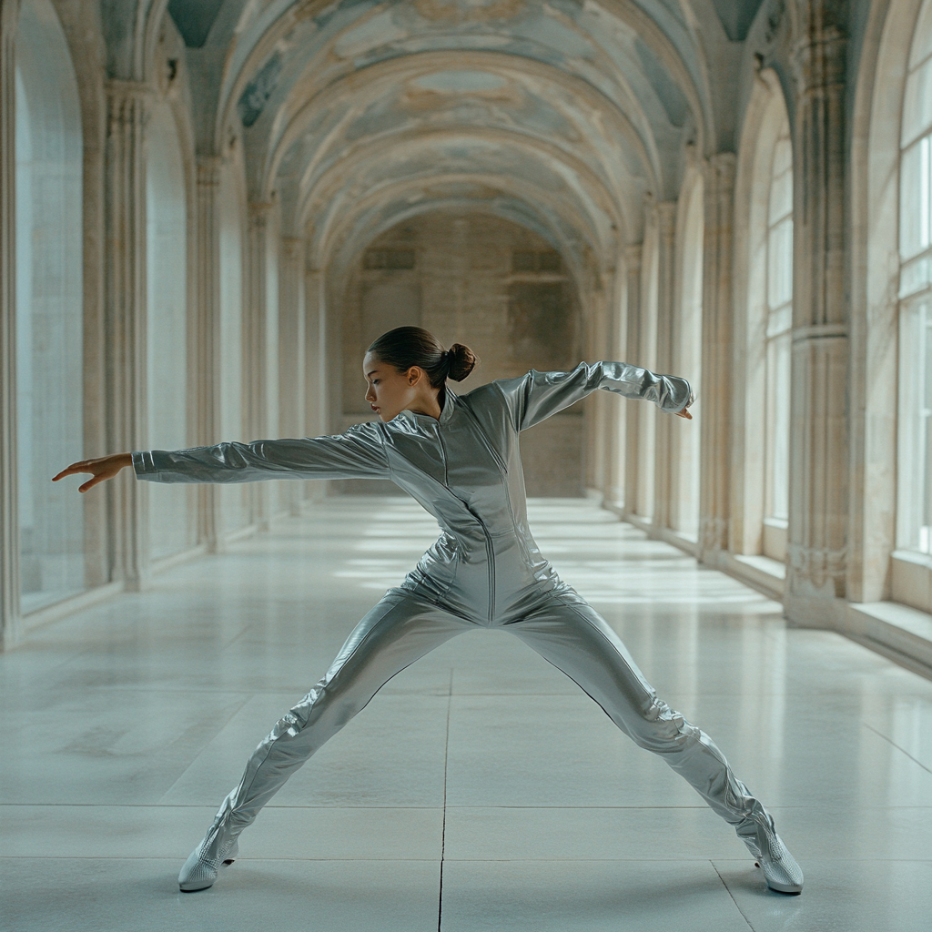 Female Eurasian in royal stable wearing grey jumpsuit, dueling casually.