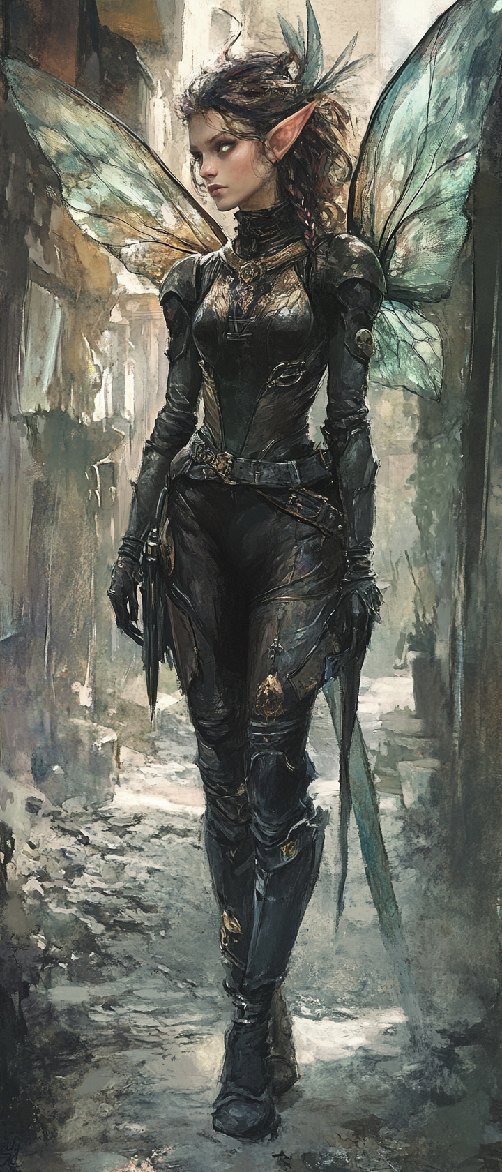 Female Fairy rogue in leather armor, translucent wings. City back alley, dark fantasy setting.