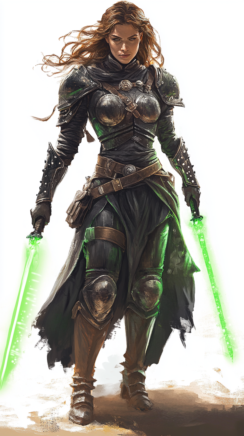 Female Fighter with Green Energy Blades in Studded Armor