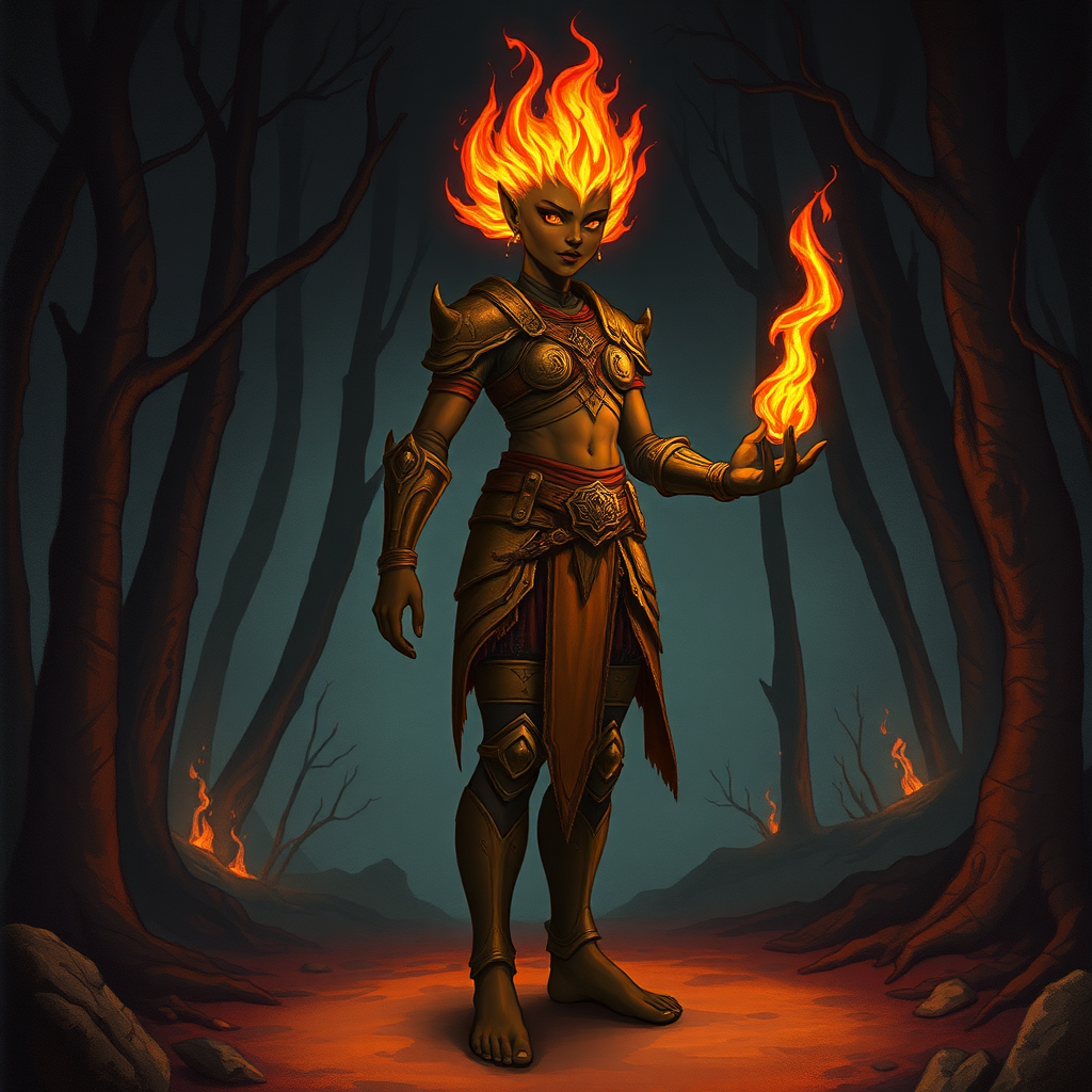 Female Fire Genasi in Medium Armor Holding Flame