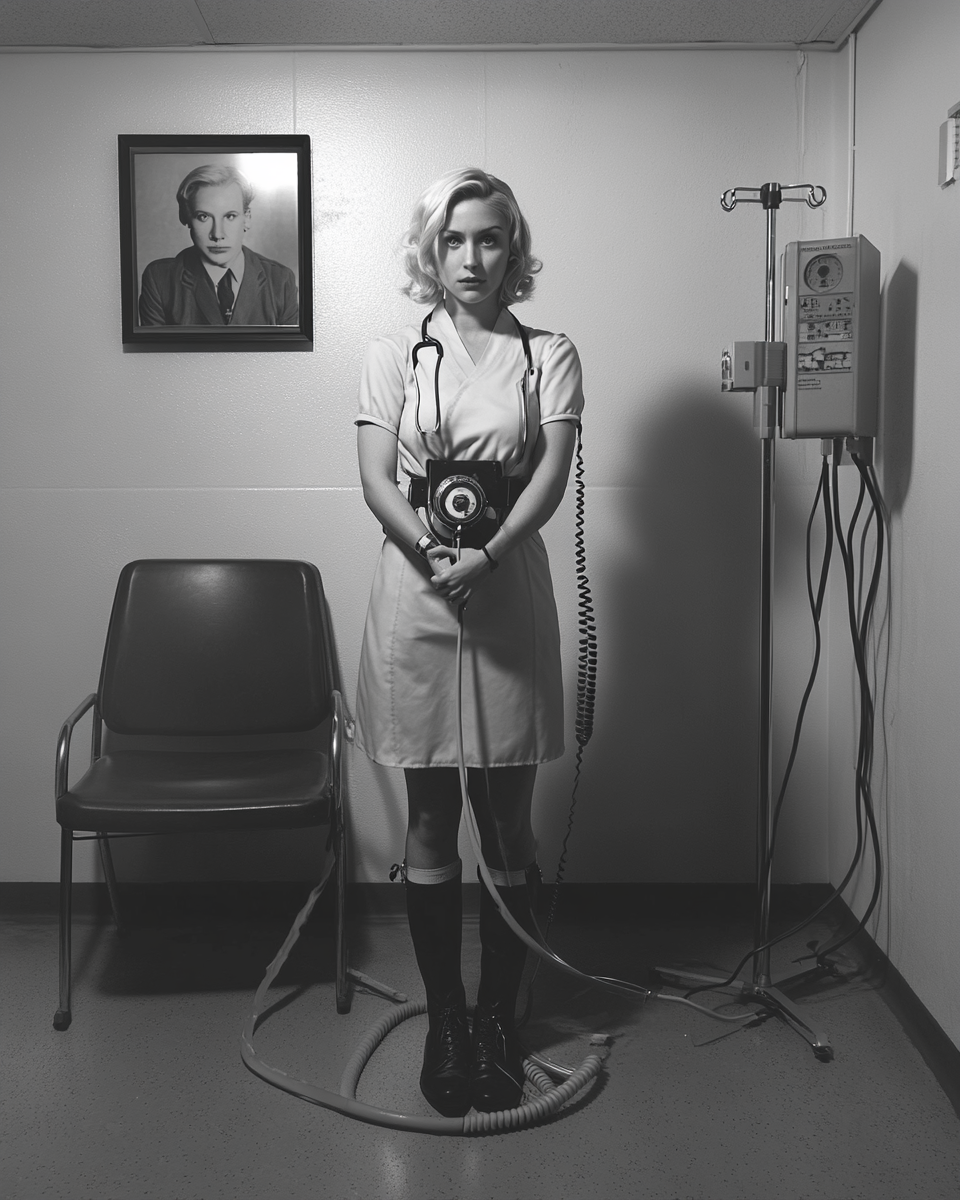 Female Nurse Commander with Field Telephone in Hospital Interrogation Room