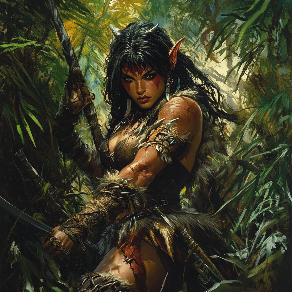 Female Orc Hunter in Frazetta-inspired scene