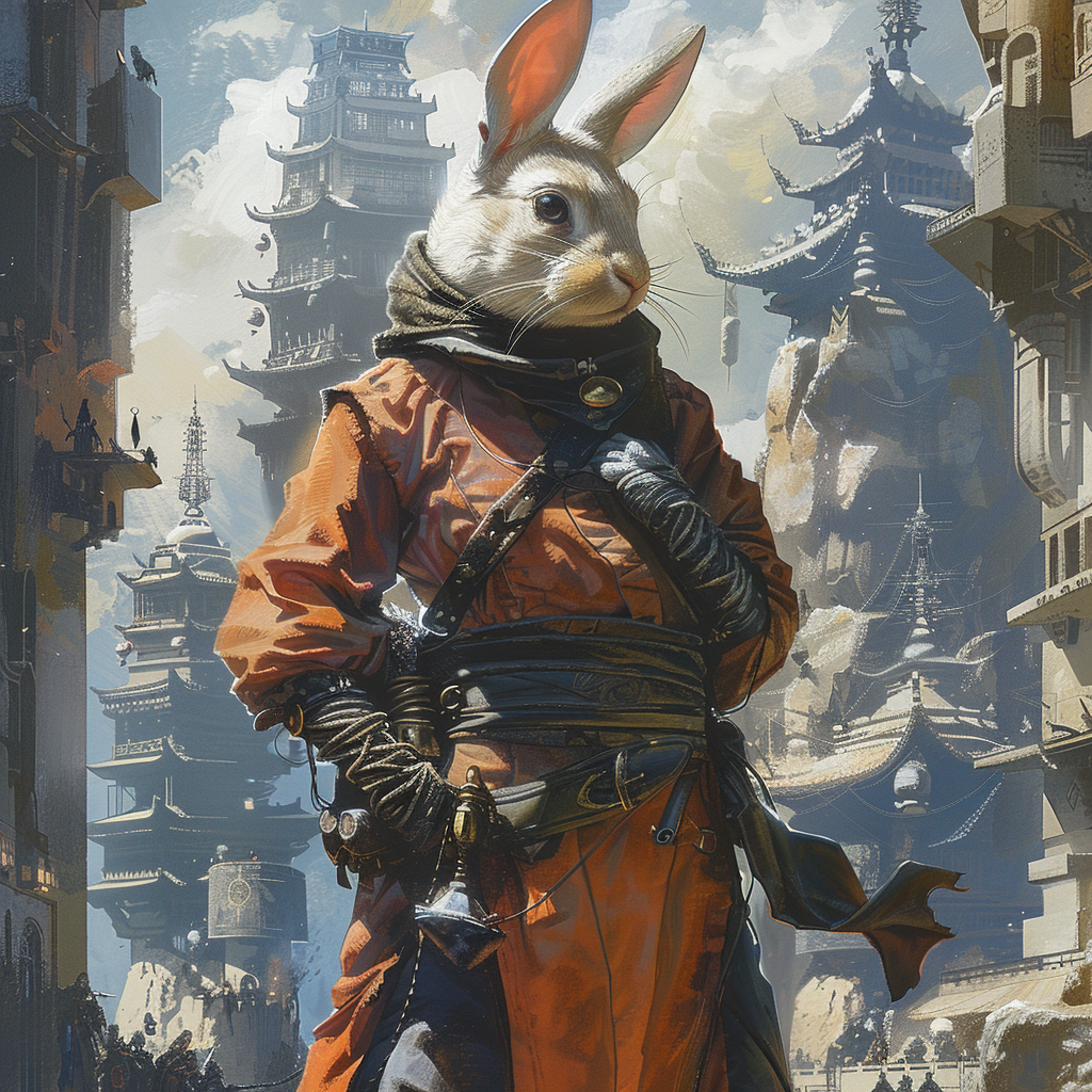 Female Rabbit Shadow Monk in urban landscape.