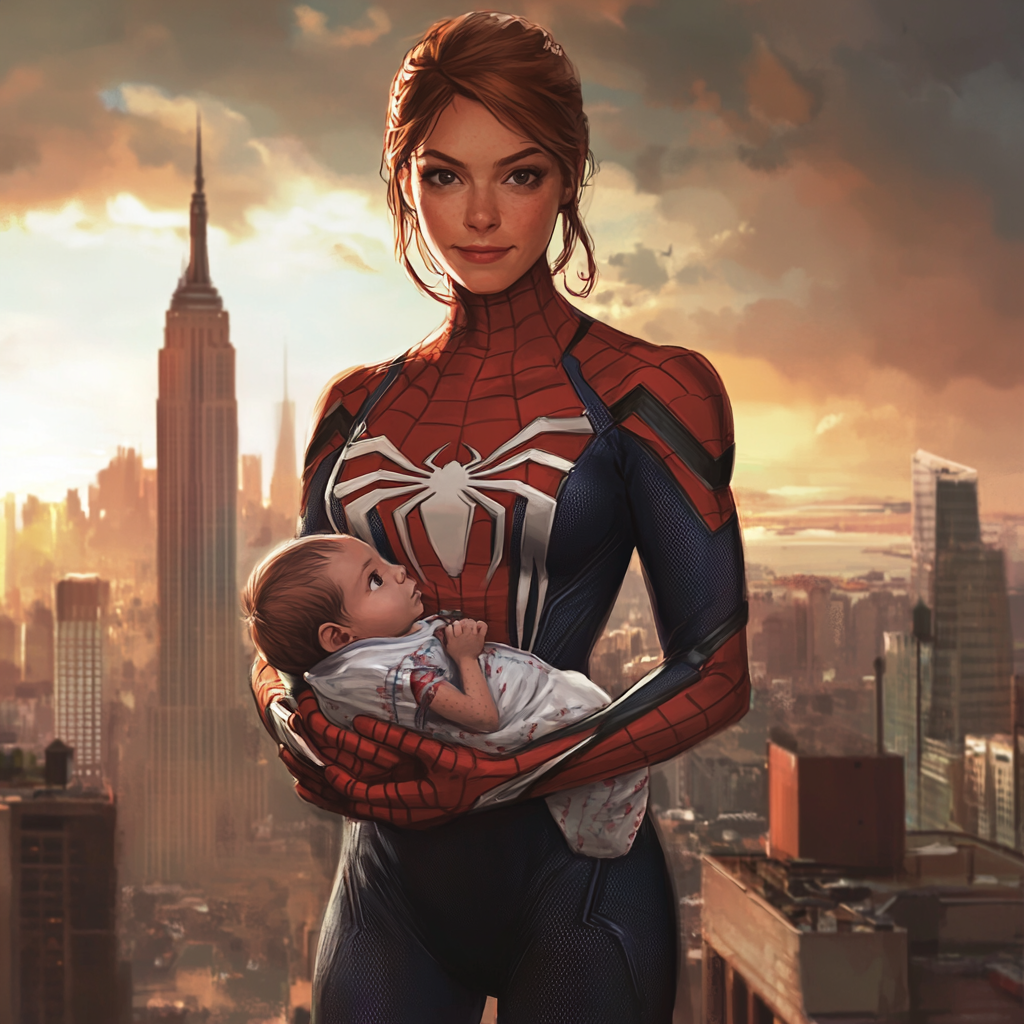 Female Spiderman with baby on NYC rooftop at sunset.