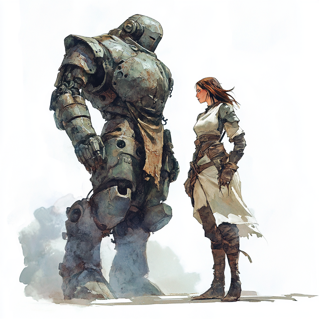 Female adventurer with mechanical golem in eerie setting watercolor.