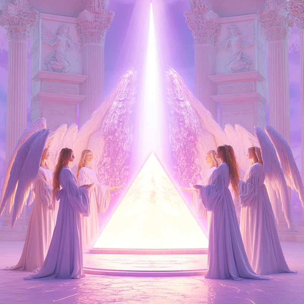 Female angels in white robes, near glowing orb.